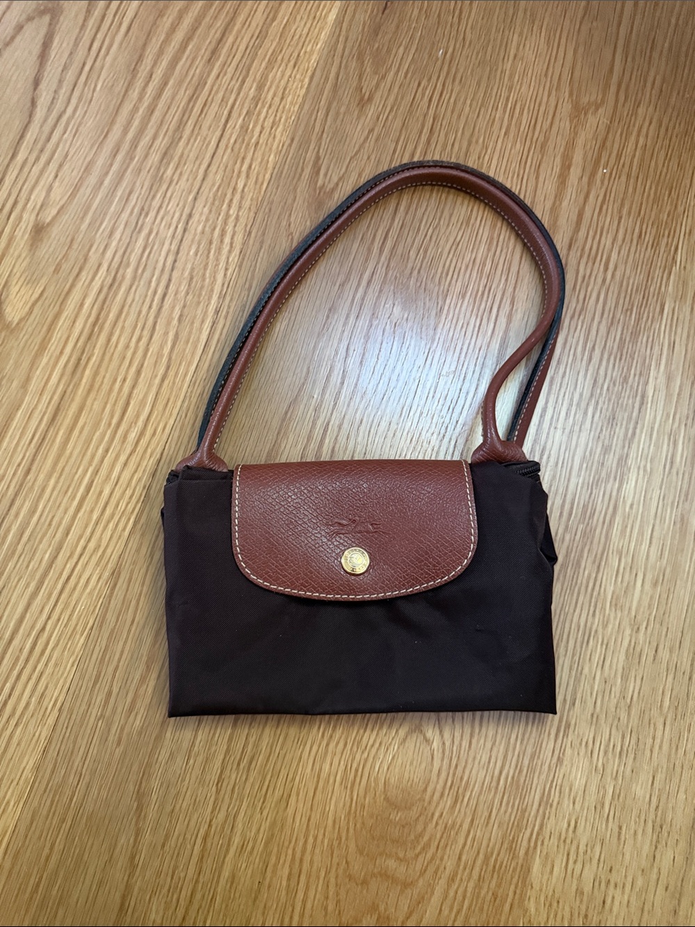 Longchamp Small Brown Nylon Shoulder Bag with Leather Flap